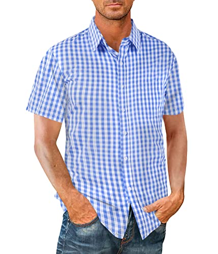 Onsoyours Hemd Herren Kariertes Sommerhemd Kurzarm Freizeithemd Businesshemd Sommer Einfarbig Basic Shirt Casual for Männer Regular Fit A Hellblau XL von Onsoyours