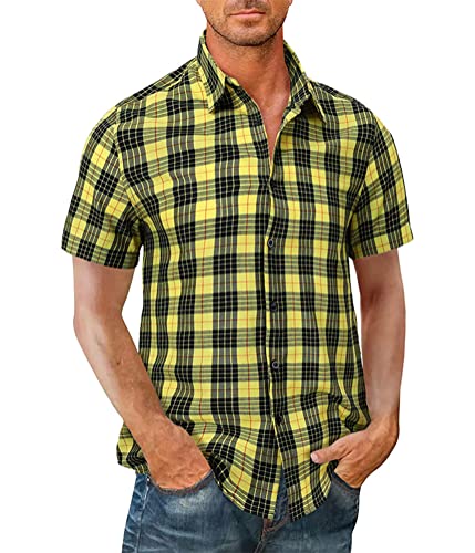 Onsoyours Hemd Herren Kariertes Sommerhemd Kurzarm Freizeithemd Businesshemd Sommer Einfarbig Basic Shirt Casual for Männer Regular Fit C Gelb L von Onsoyours