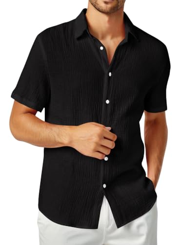 Onsoyours Hemd Herren Kurzarm Button Down Sommerhemd Musselin Leicht Strand Freizeit Businesshemd A Schwarz L von Onsoyours