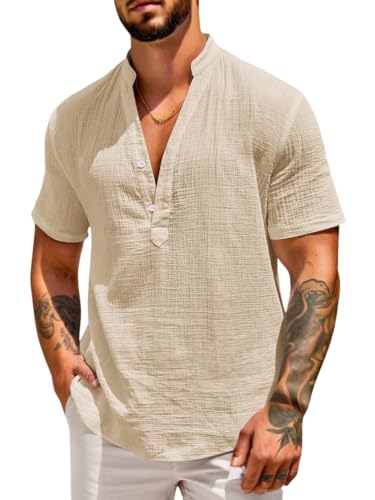 Onsoyours Hemd Herren Kurzarm Henley Button Down Musselin Freizeithemd Men's Casual Beach Shirts Regular Fit A Khaki XL von Onsoyours