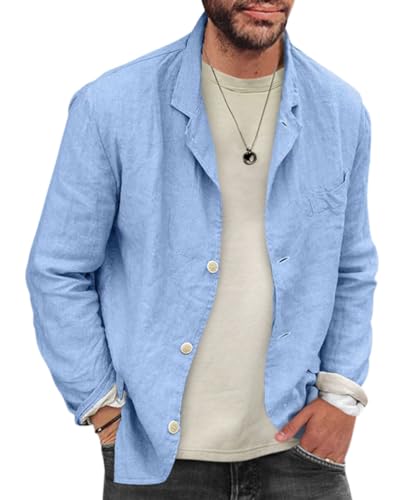 Onsoyours Hemd Herren Langarm Henley Sommerhemd Freizeithemd Leinenhemd Regular Fit Men Sakko Leinenstruktur Slim Fit Männer Blazer Leichte Jackett Blau L von Onsoyours