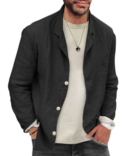 Onsoyours Hemd Herren Langarm Henley Sommerhemd Freizeithemd Leinenhemd Regular Fit Men Sakko Leinenstruktur Slim Fit Männer Blazer Leichte Jackett Schwarz XXL von Onsoyours