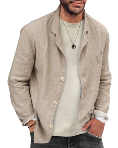 Onsoyours Hemd Herren Langarm Henley Sommerhemd Freizeithemd Leinenhemd Regular Men Sakko Leinenstruktur Slim Fit Männer Blazer Leichte Jackett Khaki L von Onsoyours