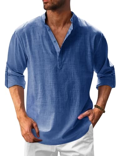 Onsoyours Hemd Herren Langarm Henley Stehkragen Sommerhemd Herren Freizeithemd Baumwolle Leinenhemd Strandhemd Regular Fit Men Shirts A Blau M von Onsoyours