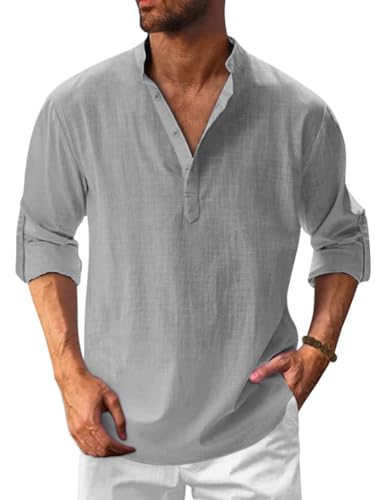 Onsoyours Hemd Herren Langarm Henley Stehkragen Sommerhemd Herren Freizeithemd Baumwolle Leinenhemd Strandhemd Regular Fit Men Shirts A Grau 3XL von Onsoyours