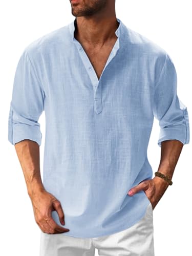 Onsoyours Hemd Herren Langarm Henley Stehkragen Sommerhemd Herren Freizeithemd Baumwolle Leinenhemd Strandhemd Regular Fit Men Shirts A Hellblau L von Onsoyours