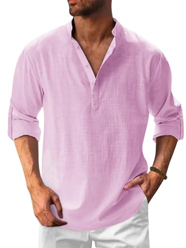 Onsoyours Hemd Herren Langarm Henley Stehkragen Sommerhemd Herren Freizeithemd Baumwolle Leinenhemd Strandhemd Regular Fit Men Shirts A Rosa M von Onsoyours