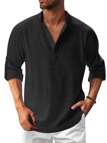 Onsoyours Hemd Herren Langarm Henley Stehkragen Sommerhemd Herren Freizeithemd Baumwolle Leinenhemd Strandhemd Regular Fit Men Shirts A Schwarz 3XL von Onsoyours