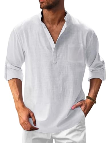 Onsoyours Hemd Herren Langarm Henley Stehkragen Sommerhemd Herren Freizeithemd Baumwolle Leinenhemd Strandhemd Regular Fit Men Shirts B Weiß L von Onsoyours