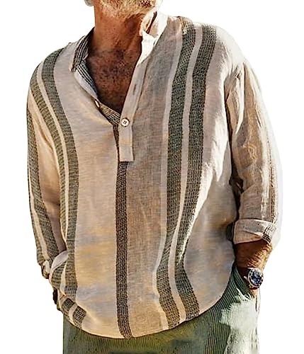 Onsoyours Hemd Herren Leinenhemd Herren Langarm Sommer Gestreiftes Hemd Herren Regular Fit Freizeithemd Sommerhemd Casual mit Knöpfen A Khaki L von Onsoyours