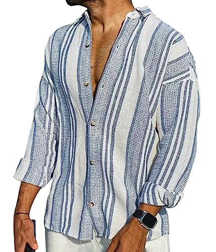 Onsoyours Hemd Herren Leinenhemd Herren Langarm Sommer Gestreiftes Hemd Herren Regular Fit Freizeithemd Sommerhemd Casual mit Knöpfen B Blau L von Onsoyours