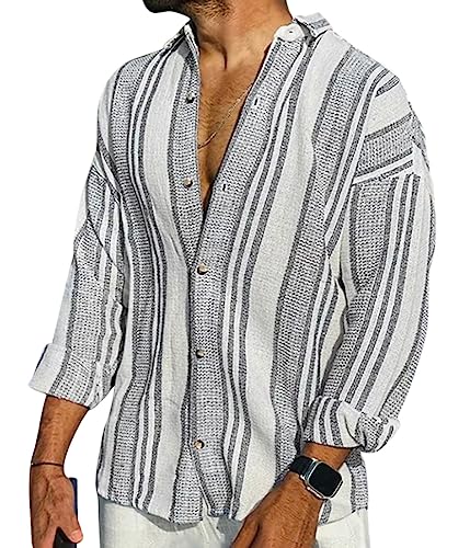 Onsoyours Hemd Herren Leinenhemd Herren Langarm Sommer Gestreiftes Hemd Herren Regular Fit Freizeithemd Sommerhemd Casual mit Knöpfen B Grau XL von Onsoyours