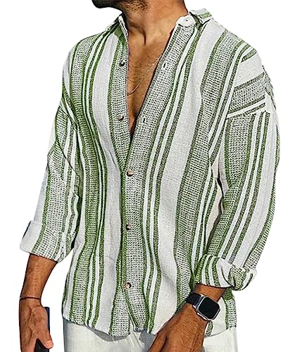 Onsoyours Hemd Herren Leinenhemd Herren Langarm Sommer Gestreiftes Hemd Herren Regular Fit Freizeithemd Sommerhemd Casual mit Knöpfen B Grün XXL von Onsoyours