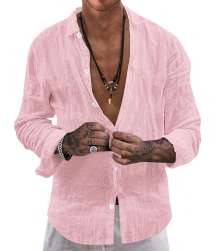 Onsoyours Hemd Herren Umlegekragen Buissnes Leinenhemd Freizeithemd Casual Leinen Bluse Langarm Shirts Regular Fit Western Hemden Baumwolle Langarmhemd Herbst A Rosa M von Onsoyours