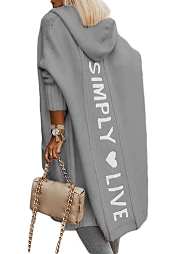 Onsoyours Herbst Winter Damen Langarm Strickjacke mit Kapuze Buchstabe Casual Cardigan Strickmantel Strickpullover Outwear mit Taschen Grau L von Onsoyours