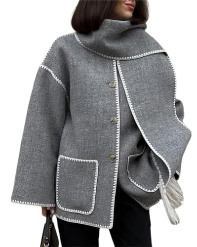 Onsoyours Herbst Winter Damen Mantel Mit Quaste Schal Lose Langarm Einreiher Mäntel Oversized Frauen Warme Woll Stickerei Jacke Outwear A Grau M von Onsoyours