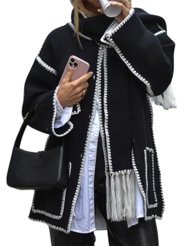 Onsoyours Herbst Winter Damen Mantel Mit Quaste Schal Lose Langarm Einreiher Mäntel Oversized Frauen Warme Woll Stickerei Jacke Outwear A Schwarz 01 S von Onsoyours