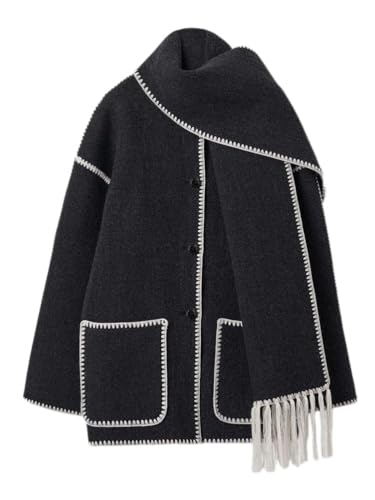 Onsoyours Herbst Winter Frauen Mantel Mit Schal Lose Langarm Einreiher Mäntel Weibliche Spiel Damen Jacke Lose Langarm Einreiher Mäntel Weibliche A Schwarz Weiß M von Onsoyours