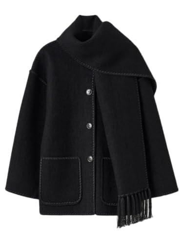 Onsoyours Herbst Winter Frauen Mantel Mit Schal Lose Langarm Einreiher Mäntel Weibliche Spiel Damen Jacke Lose Langarm Einreiher Mäntel Weibliche A Schwarz XS von Onsoyours