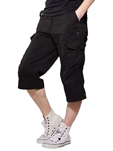 Onsoyours Herren 3/4 Hose Cargo Shorts Männer Bermuda Sport Shorts Multi Taschen Sommer Freizeithose Kurze Hose Baumwolle Arbeitshose Gummibund Lässig B Schwarz M von Onsoyours