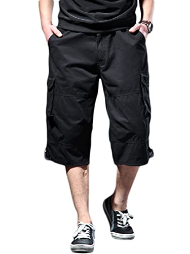 Onsoyours Herren 3/4 Hose Cargo Shorts Männer Bermuda Sport Shorts Multi Taschen Sommer Freizeithose Kurze Hose Baumwolle Arbeitshose Gummibund Lässig C Schwarz L von Onsoyours