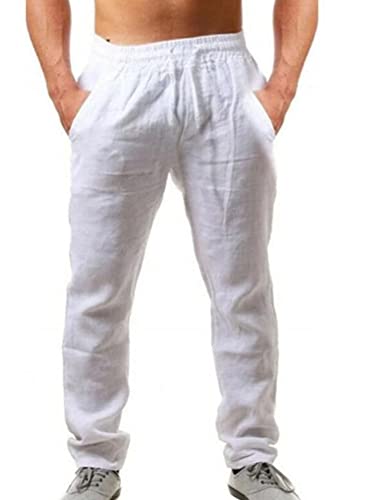 Onsoyours Herren Baumwollhose Männer Leinenhose Lang Strandhose mit Taschen Tunnelzug Sommerhose Herren Bequeme Casual Herren Freizeithose mit Kordelzug Leichte A Weiß XS von Onsoyours