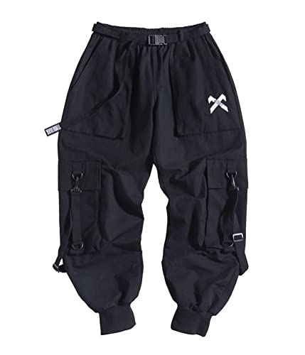 Onsoyours Herren Cargohose Arbeit Kampf Techwear Hose Hip Hop Mehrere Taschen Tapered Hosen Schnalle Riemen Jogginghose Freizeit Hose N Schwarz XS von Onsoyours