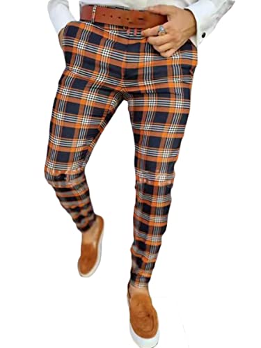 Onsoyours Herren Chino Hose Freizeithose Karierte Business Hose Anzughose Anzug Herrenhose Streetwear Lang Pants Sporthosen Trainingshose Sweatpants Slim Fit C Orange XL von Onsoyours