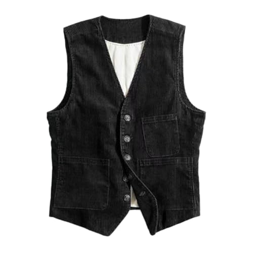 Onsoyours Herren Cord Anzug Weste mit Taschen Knopf Ärmellos Gilet Vintage Cord Westernweste Herbst Slim Fit Arbeitskleidung Classic Anzugweste für Hochzeit A Schwarz XL von Onsoyours