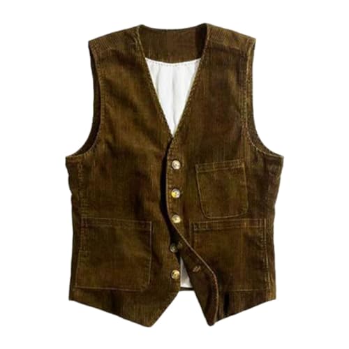 Onsoyours Herren Cord Weste mit V-Ausschnitt Mode Ärmellos Cord Westernweste Frühling Karneval Kostüm Rave Outfit Gilet Party Groomsmen Anzugweste Große Größe A Kaffee S von Onsoyours