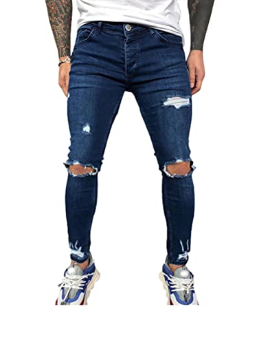 Onsoyours Herren Destroyed Jeans Biker Hose Herren Löcher Lang Jeans Denim Hose Vintage Männer Zerrissen Jeanshose Skinny Jeanshosen Bleistifthose Slim Fit D Dunkelblau L von Onsoyours