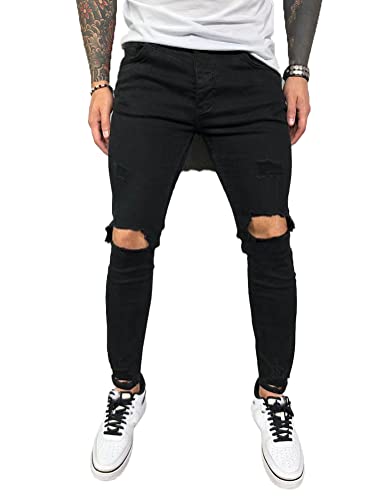 Onsoyours Herren Destroyed Jeans Biker Hose Herren Löcher Lang Jeans Denim Hose Vintage Männer Zerrissen Jeanshose Skinny Jeanshosen Bleistifthose Slim Fit D Schwarz L von Onsoyours