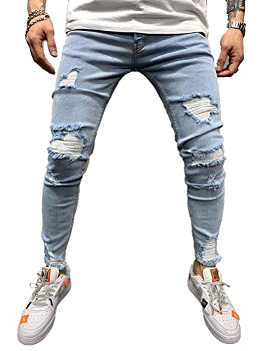 Onsoyours Herren Destroyed Jeans Biker Hose Herren Löcher Lang Jeans Denim Hose Vintage Männer Zerrissen Jeanshose Skinny Jeanshosen Bleistifthose Slim Fit E4 S von Onsoyours