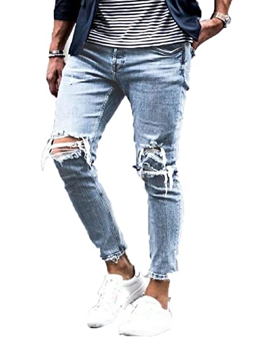 Onsoyours Herren Destroyed Jeans Biker Hose Herren Löcher Lang Jeans Denim Hose Vintage Männer Zerrissen Jeanshose Skinny Jeanshosen Bleistifthose Slim Fit E5 3XL von Onsoyours