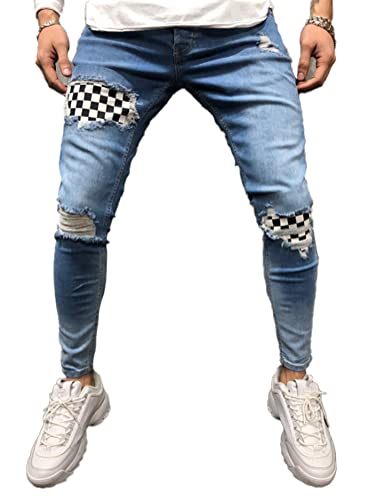 Onsoyours Herren Destroyed Jeans Biker Hose Herren Löcher Lang Jeans Denim Hose Vintage Männer Zerrissen Jeanshose Skinny Jeanshosen Bleistifthose Slim Fit F Hellblau M von Onsoyours