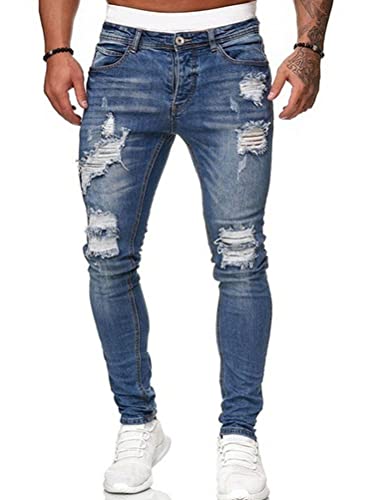 Onsoyours Herren Destroyed Jeans Biker Hose Herren Löcher Slim Fit Lang Jeans Denim Hose Vintage Männer Zerrissen Jeanshose Skinny Jeanshosen Bleistifthose Hosen A Blau LA von Onsoyours