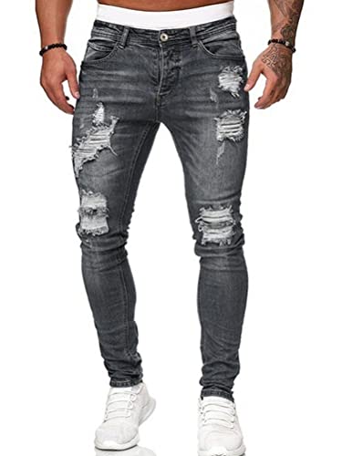 Onsoyours Herren Destroyed Jeans Biker Hose Herren Löcher Slim Fit Lang Jeans Denim Hose Vintage Männer Zerrissen Jeanshose Skinny Jeanshosen Bleistifthose Hosen A Grau L von Onsoyours