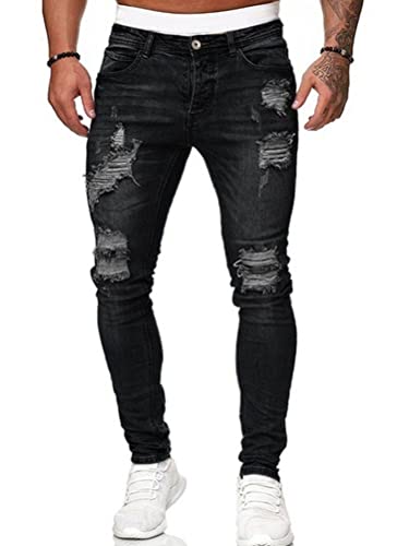 Onsoyours Herren Destroyed Jeans Biker Hose Herren Löcher Slim Fit Lang Jeans Denim Hose Vintage Männer Zerrissen Jeanshose Skinny Jeanshosen Bleistifthose Hosen A Schwarz S von Onsoyours