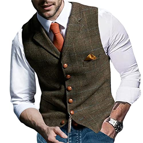 Onsoyours Herren Formelle Party Hochzeit Weste Anzug Weste Einfarbig Weste Anzugswesten für Männer FLoral Weste Tweed V-Ausschnitt für Trauzeugen A Khaki L von Onsoyours