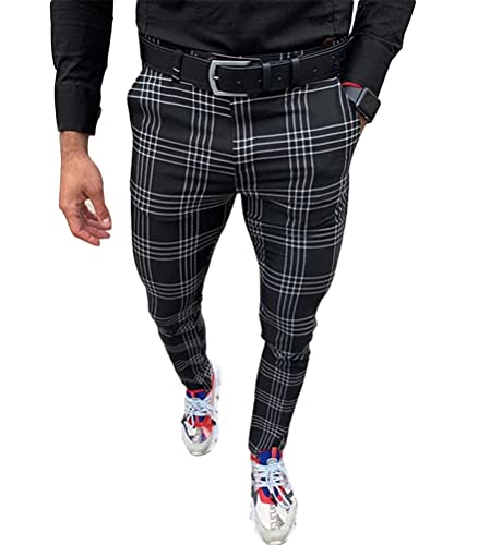 Onsoyours Herren Freizeithose Karierte Business Elegant Hose Gestreift Sweatpant Stretch Stoff Hose Schlank Beiläufige Sporthosen Classic Chinohose Slim Fit A Schwarz XS von Onsoyours