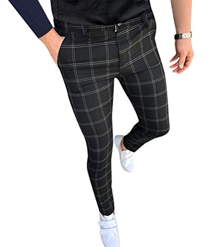 Onsoyours Herren Freizeithose Karierte Business Elegant Hose Gestreift Sweatpant Stretch Stoff Hose Schlank Beiläufige Sporthosen Classic Chinohose Slim Fit C Schwarz L von Onsoyours