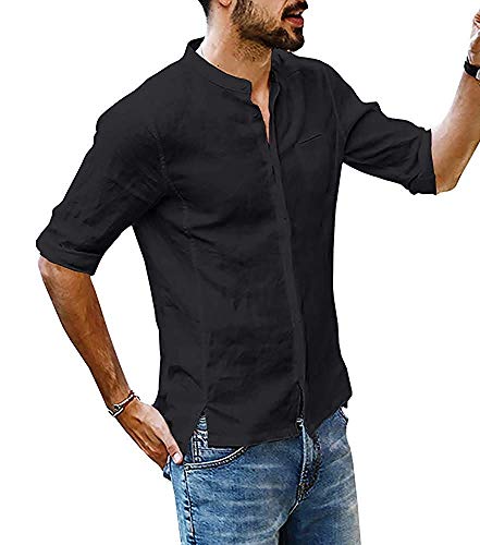 Onsoyours Herren Hemd Henley Leinenhemd Roll-up Sleeve & Kurzarm Freizeithemd Casual Sommer Men Shirts C Schwarz X-Large von Onsoyours