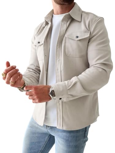 Onsoyours Herren Hemd Langarm Freizeithemd Männer Jacke Regular Fit Button Up Hemdjacke Mit Klappentasche Leichte Winterjacke Übergangsjacke Steppjacke Freizeitjacke A Beige M von Onsoyours