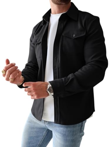 Onsoyours Herren Hemd Langarm Freizeithemd Männer Jacke Regular Fit Button Up Hemdjacke Mit Klappentasche Leichte Winterjacke Übergangsjacke Steppjacke Freizeitjacke A Schwarz L von Onsoyours