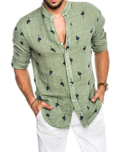 Onsoyours Herren Hemd Langarm Hawaiihemd Druck Roll up Leinenhemd Sommerhemd Männer Herbst Freizeithemd Oberteile Regular Fit Grün Medium von Onsoyours