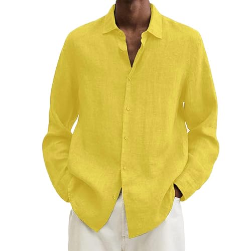 Onsoyours Herren Hemd Langarmshirt Leinenshirt Regular Fit Umlegekragen Freizeit Leicht Sommer Leinenhemd Einfarbig Casual Leicht Shirts for Männer A Gelb L von Onsoyours