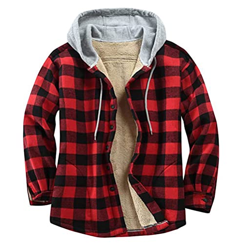 Onsoyours Herren Hemd Mit Kapuze Langarm Karohemd Jacke Kariert Shirt Flanell Karierte Jacke Arbeitsjacke Herren Kapuze Kariert Winddicht Outwear B Rot M von Onsoyours