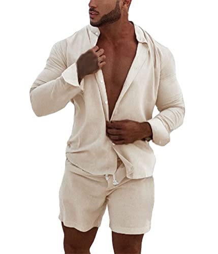 Onsoyours Herren Hemd Shorts Set Hawaii Einfarbig Freizeitanzug Mode Stehkragen T-Shirt + Kurze Hose Zweiteiler Sommer Trainingsanzug Jogginganzug Sport Anzug Männer A Beige S von Onsoyours