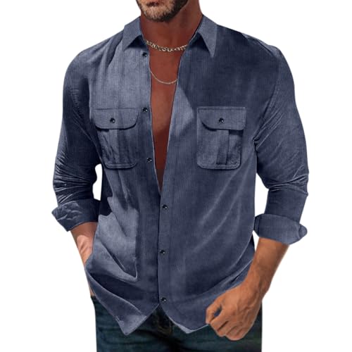 Onsoyours Herren Hemd aus Kord Corduroy Shirt Herren Jacke Hemd Cord Dünne Hemdjacke Freizeithemd Einfarbig with Button Placke Langarm Regular Fit Casual Hemd B Dunkelblau XL von Onsoyours