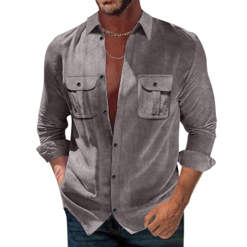 Onsoyours Herren Hemd aus Kord Corduroy Shirt Herren Jacke Hemd Cord Dünne Hemdjacke Freizeithemd Einfarbig with Button Placke Langarm Regular Fit Casual Hemd B Grau XL von Onsoyours